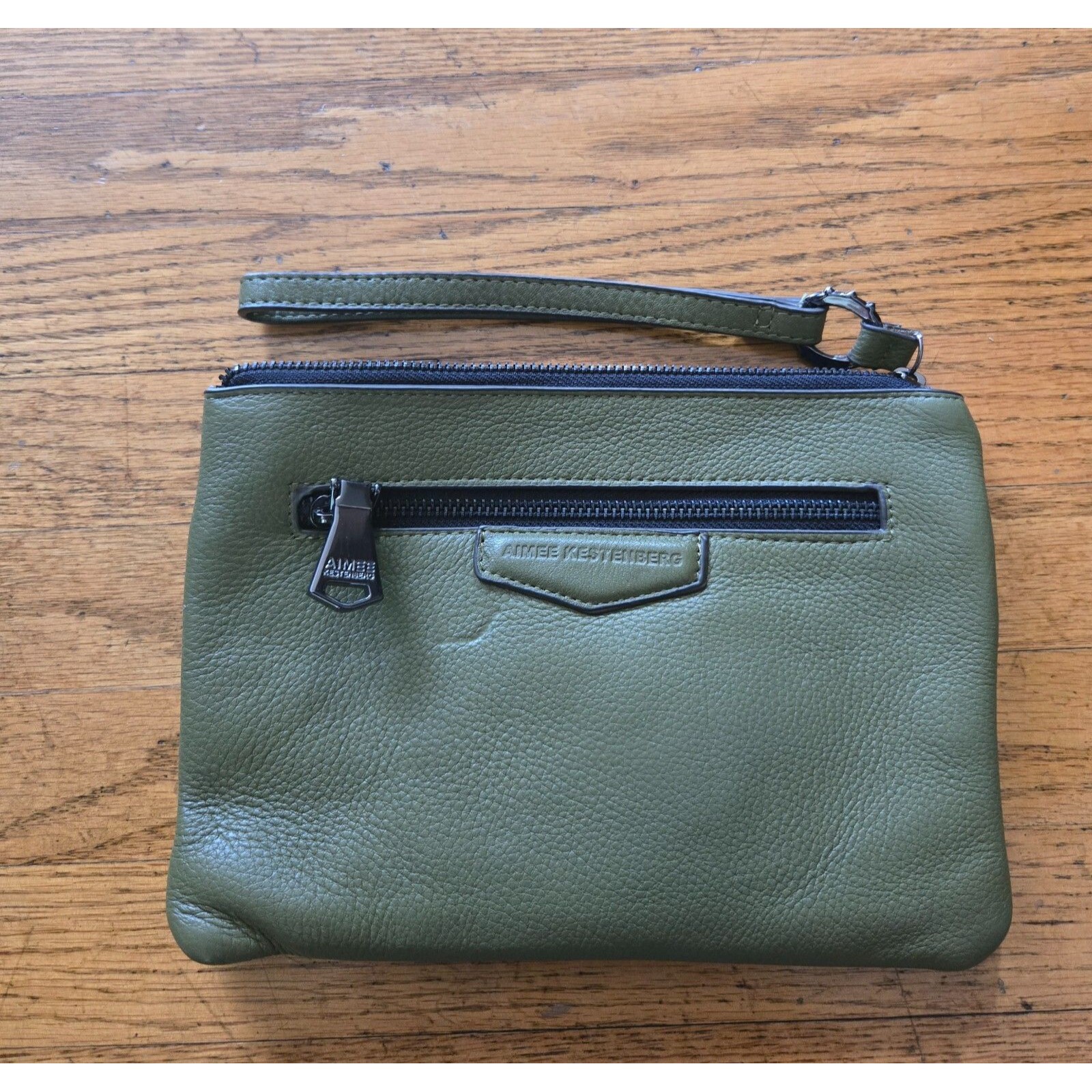 Aimee Kestenberg Pebbled Leather Clutch Army Green Phone Charge W/ Strap